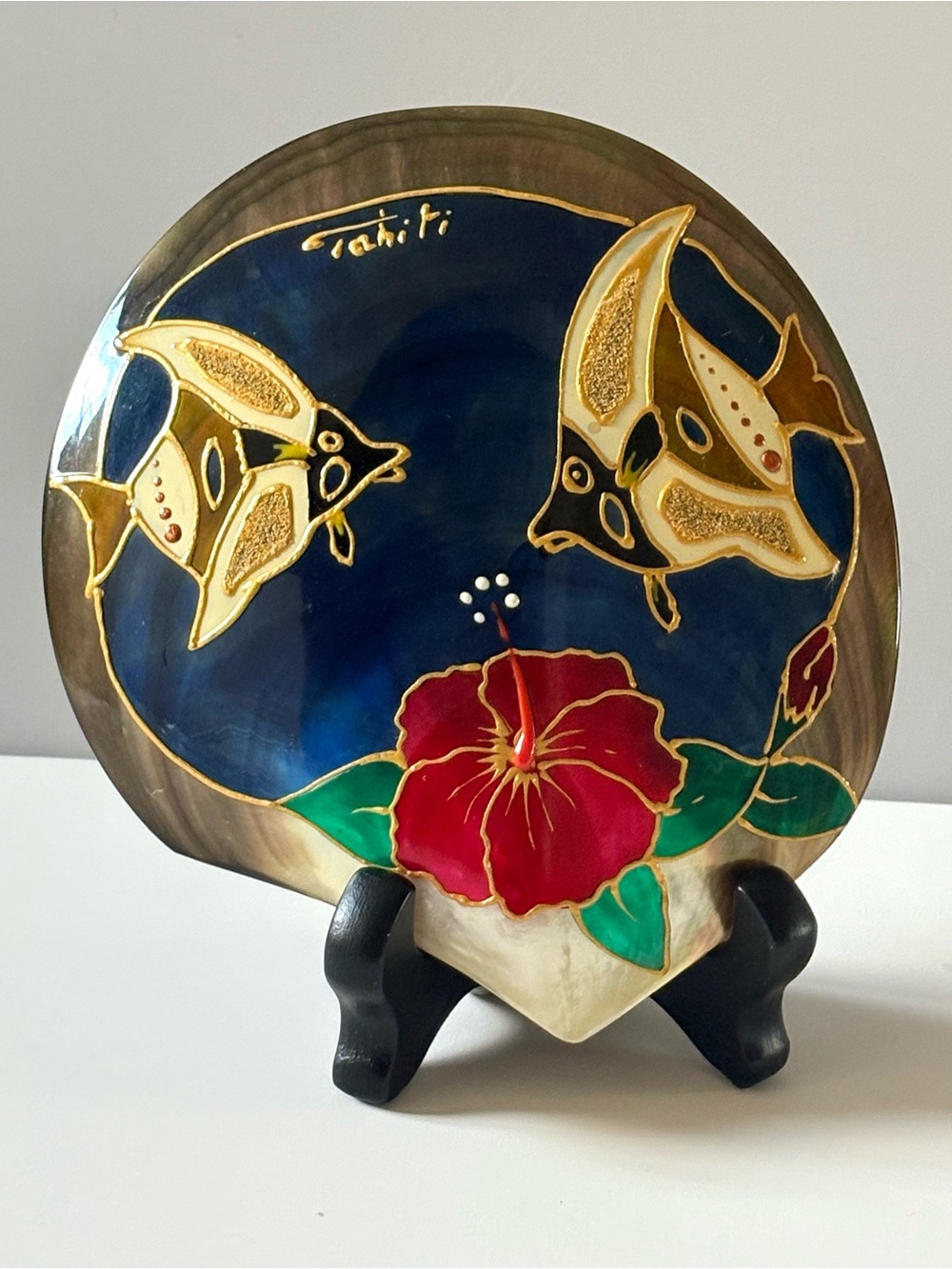 Vintage Tahiti Mother Of Pearl Shell Art Hand Painted Tropical Bird Flower COA